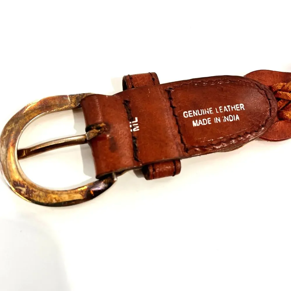 vintage women's m/l braided leather chain link belt brass gold tone buckle 39 in